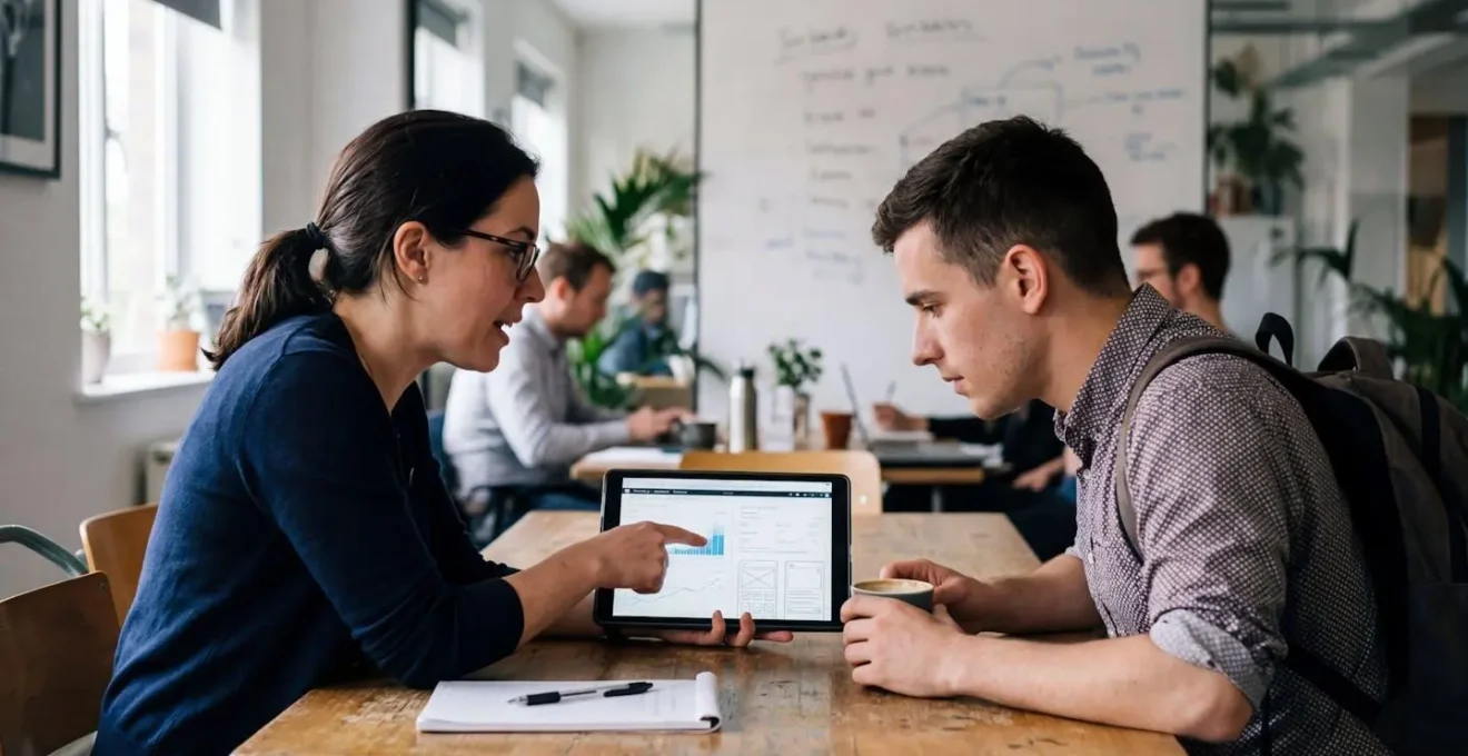 Deux personnes discutent autour d'une tablette lors d'une réunion informelle, expressions naturelles et concentrées