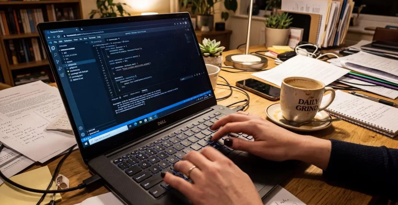 Mains tapant sur un clavier d'ordinateur portable avec une tasse de café à côté sur un bureau légèrement encombré