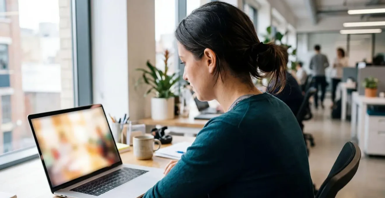 Une femme de profil consulte un écran d'ordinateur dans un open space lumineux, concentrée sur son travail