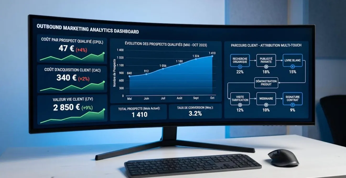 Dashboard analytics sur écran ultra-wide affichant trois KPIs principaux (CPQL, CAC, LTV) en euros, graphique évolution leads et diagramme attribution multi-touch, toutes interfaces en français