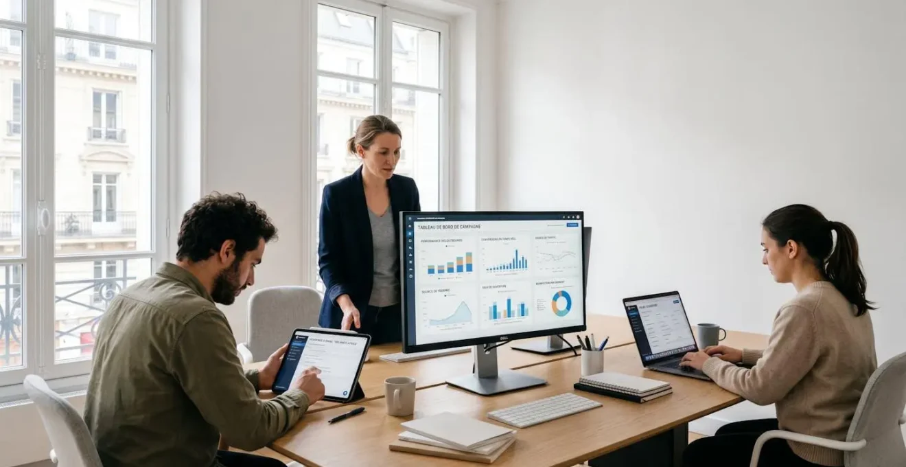 Trois professionnels marketing analysant des données de campagne outbound sur plusieurs écrans dans un bureau contemporain lumineux, dashboards et interfaces en français affichant KPIs et séquences emails