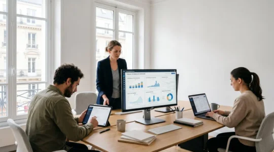 Trois professionnels marketing analysant des données de campagne outbound sur plusieurs écrans dans un bureau contemporain lumineux, dashboards et interfaces en français affichant KPIs et séquences emails