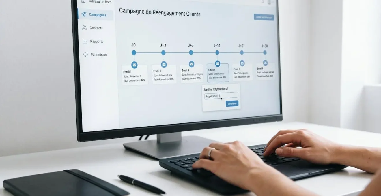 Écran d'ordinateur affichant interface de marketing automation en français avec séquence drip campaign de 6 emails espacés, mains féminines modifiant un objet d'email sur clavier