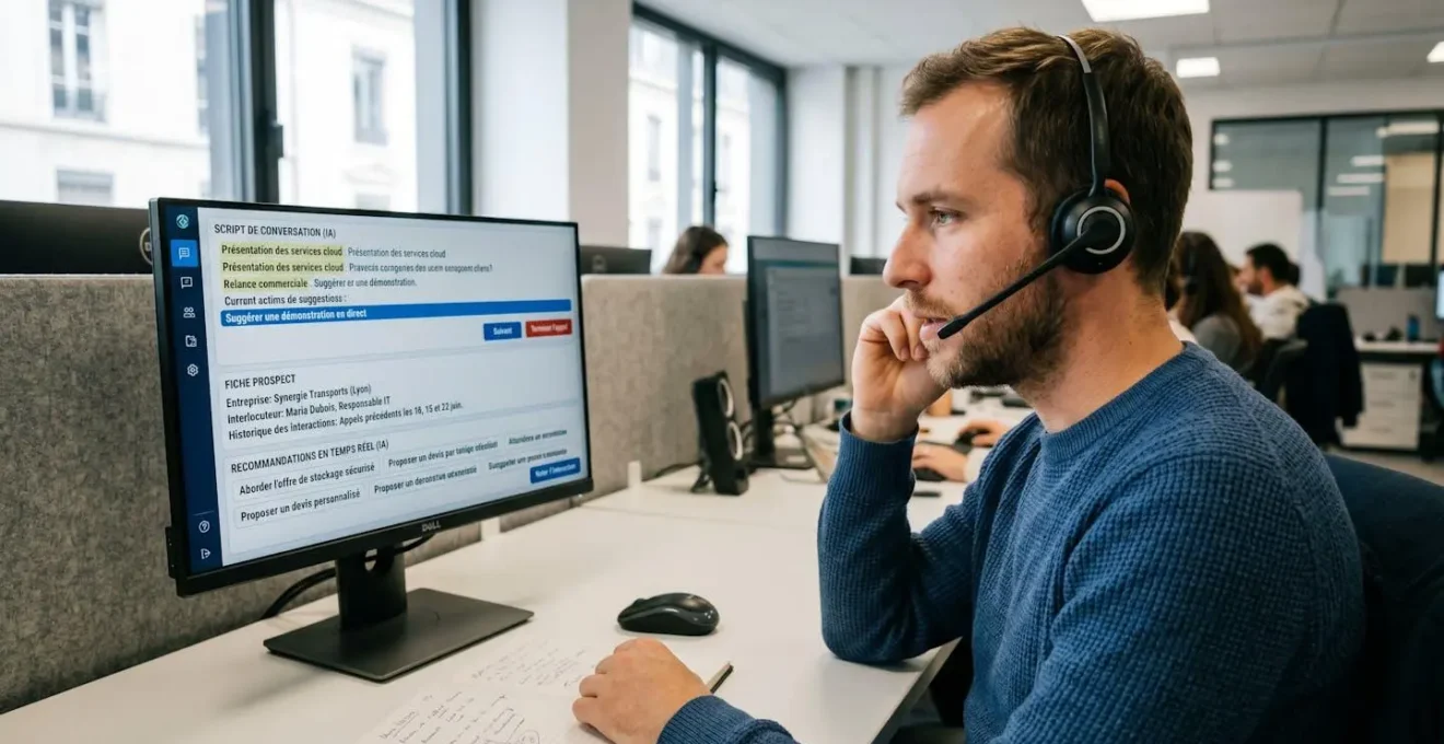 Téléopérateur B2B avec casque sans fil en conversation active devant écran affichant interface IA de télémarketing prédictif en français avec script adaptatif et recommandations temps réel