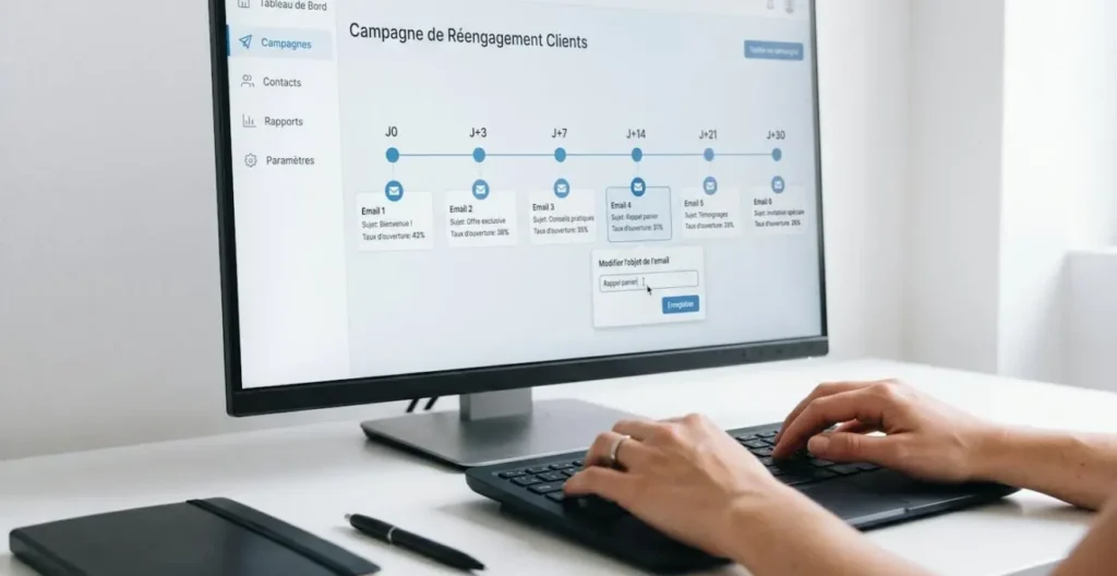 Écran d'ordinateur affichant interface de marketing automation en français avec séquence drip campaign de 6 emails espacés, mains féminines modifiant un objet d'email sur clavier